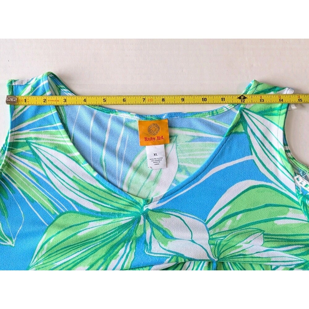Ruby Rd Womens XL Sleeveless Blue Tropical Leaf Print Blouse Keyhole Crochet - Picture 6 of 16